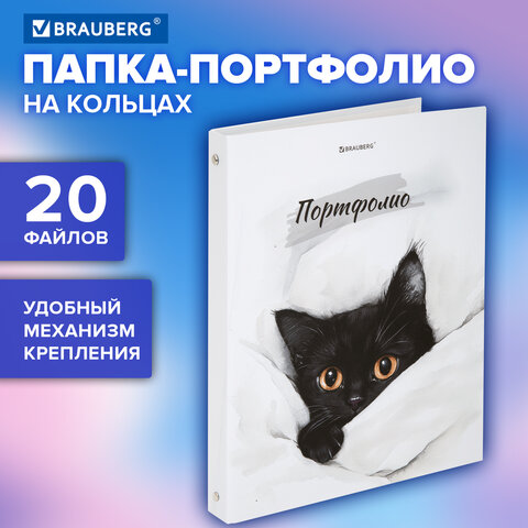 Папка-портфолио универсальная, 4 кольца, 20 файлов, 7БЦ матовая, BRAUBERG "Cat", 107557
