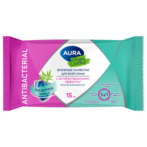 Салфетки влажные 15 шт., AURA Tropic Cocktail, c антибактериальным эффектом