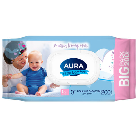 Салфетки влажные 200 шт., для детей, AURA "Ultra Comfort", без спирта, крышка-клапан