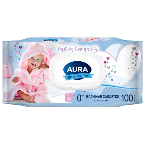 Салфетки влажные КОМПЛЕКТ 100 шт., для детей AURA "Ultra comfort", гипоаллергенные, без спирта, крышка-клапан