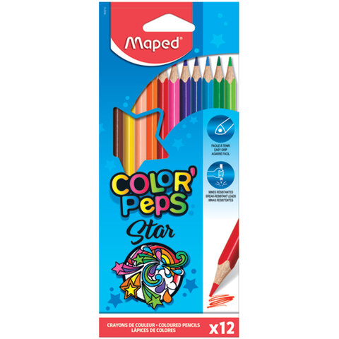 Карандаши цветные MAPED "Color'Peps Star", 12 цветов, трехгранные, грифель 3 мм, натуральное дерево, 183212