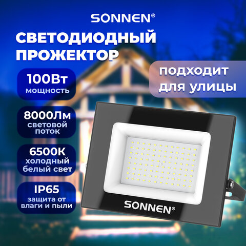 Прожектор светодиодный 100 Вт, 6500 К, 8000 Лм, 100 м2, IP65, 250x178x27 мм, черный, SONNEN, 238415