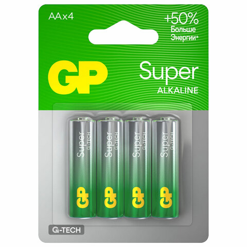 Батарейки КОМПЛЕКТ 4 шт., GP Super G-Tech, AA (LR6, 15А), алкалиновые, пальчиковые, блистер, 15A-2CR4