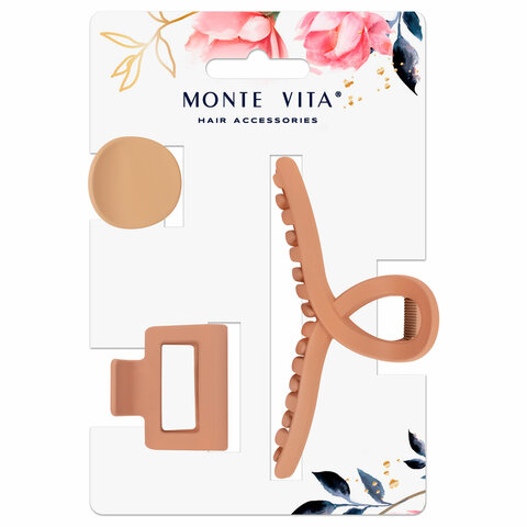 Крабы для волос НАБОР 3 шт., 4 см / 5 см / 11 см, soft touch, коричневый, MONTE VITA, 457031