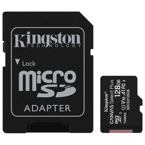 Карта памяти microSDXC 128 GB KINGSTON Canvas Select Plus UHS-I U1,100 Мб/с (class 10), адаптер, SDCS2/128 GB