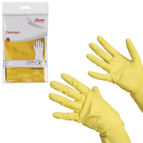 Перчатки МНОГОРАЗОВЫЕ резиновые VILEDA "Контракт", хлопчатобумажное напыление, размер L (большой), желтые, вес 60 г, 174325