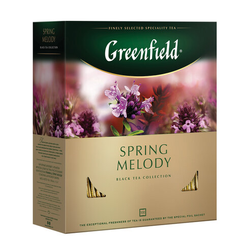 Чай GREENFIELD "Spring Melody" черный с чабрецом, мятой, смородиной, 100 пакетиков в конвертах по 1,5 г